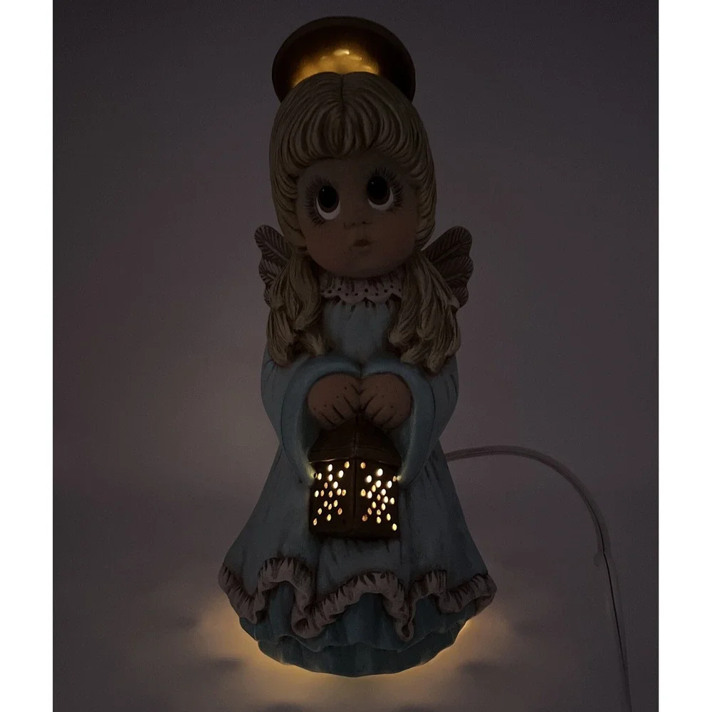 Vintage Angel Night Light Lamp Big Eyes Ceramic Figurine Blue Dress Halo Lantern